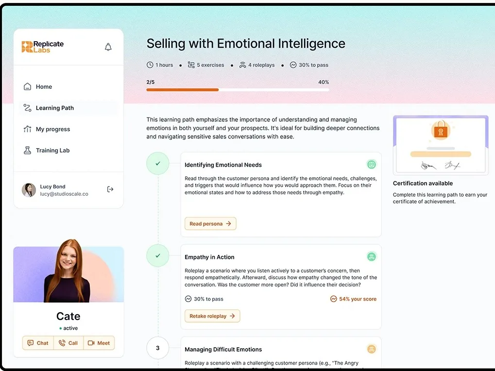 Replicate Labs learning path with completed, scored and upcoming steps