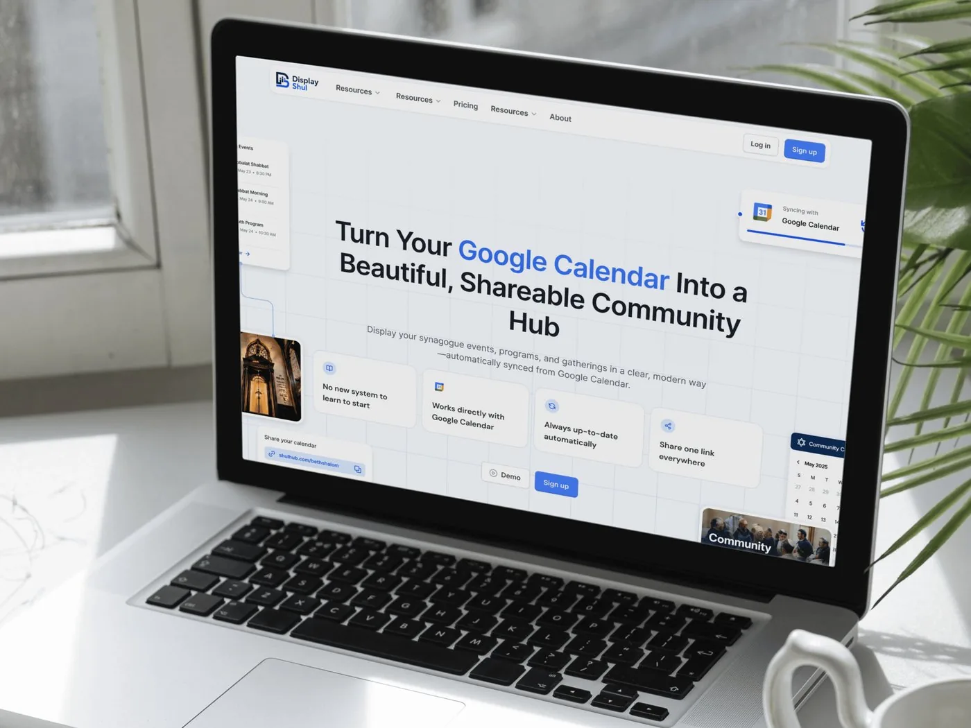 DisplayShul website on a laptop: Turn your Google Calendar into a beautiful, shareable community hub