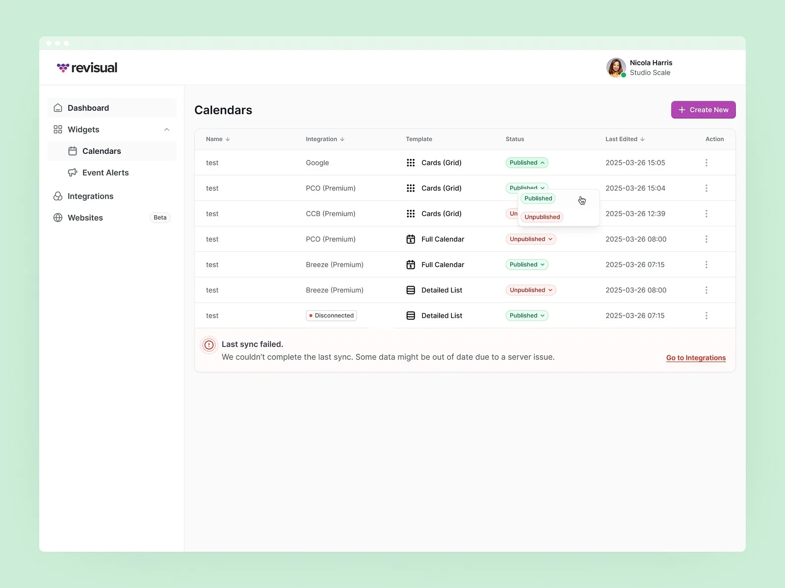 Calendar list with published, unpublished and disconnected statuses, and a banner: Last sync failed