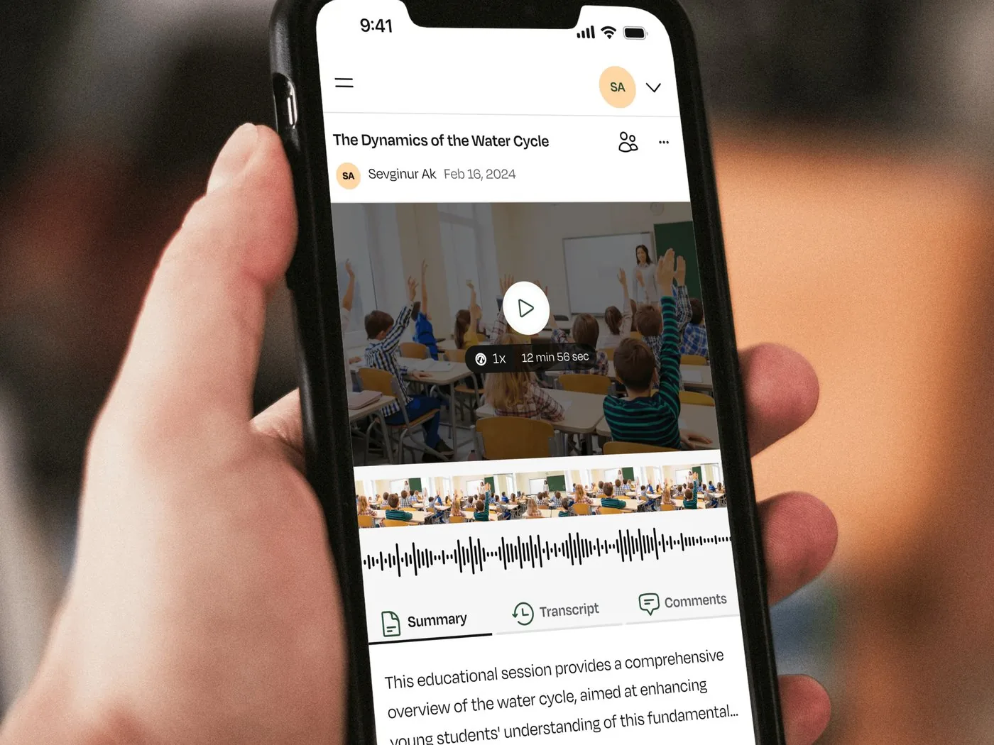 Teacherspace lesson page on a phone with video, transcript and comments
