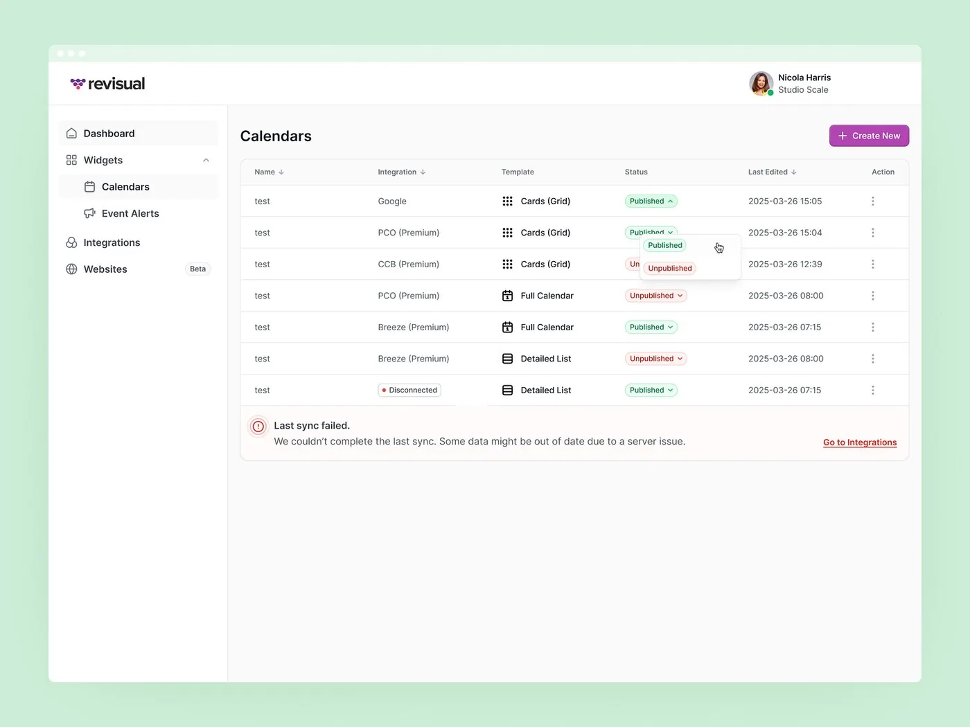 Calendars table with a failed-sync message and a link to integrations