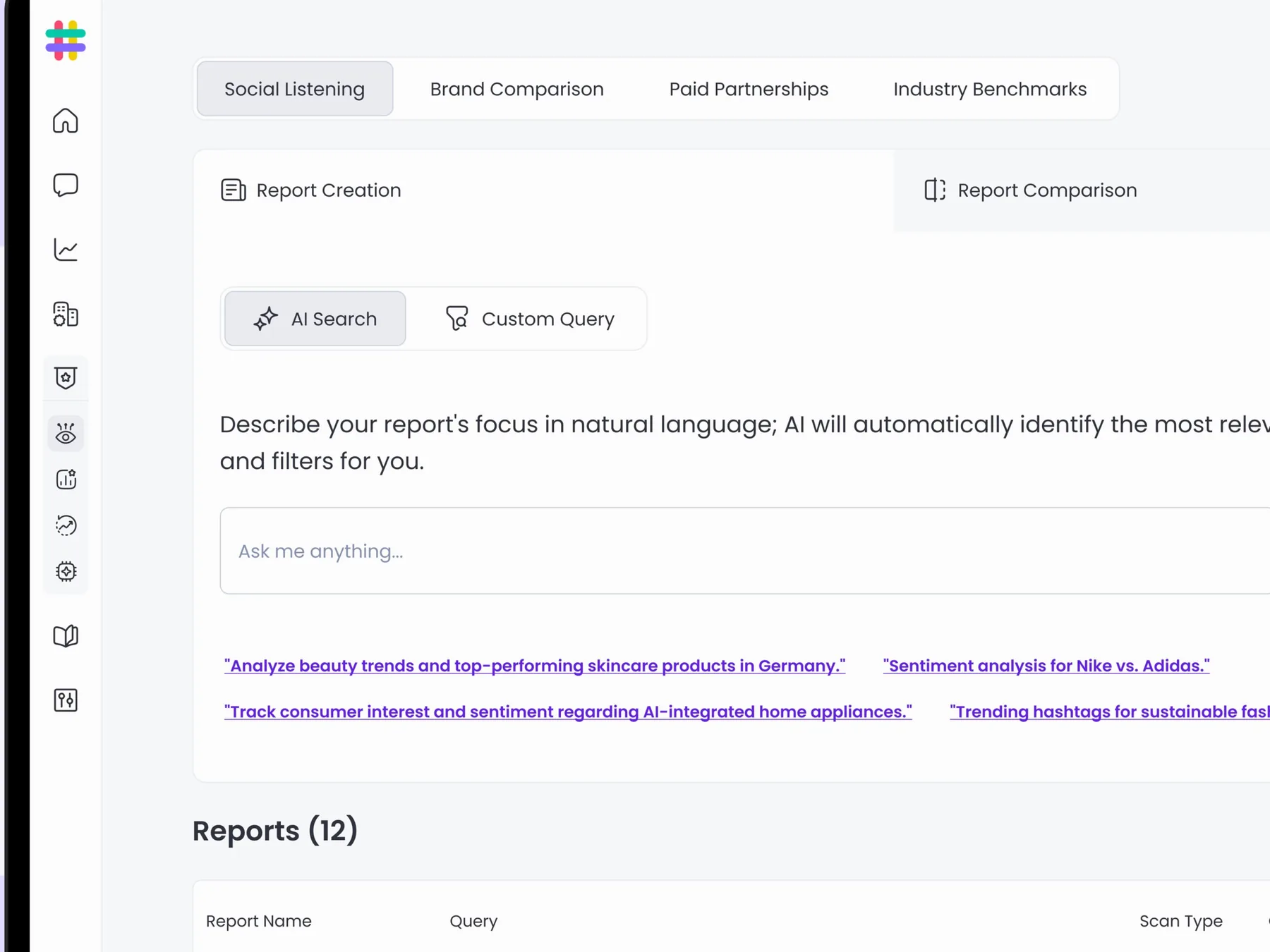 AI search: describe your report in natural language, with example prompts below the input