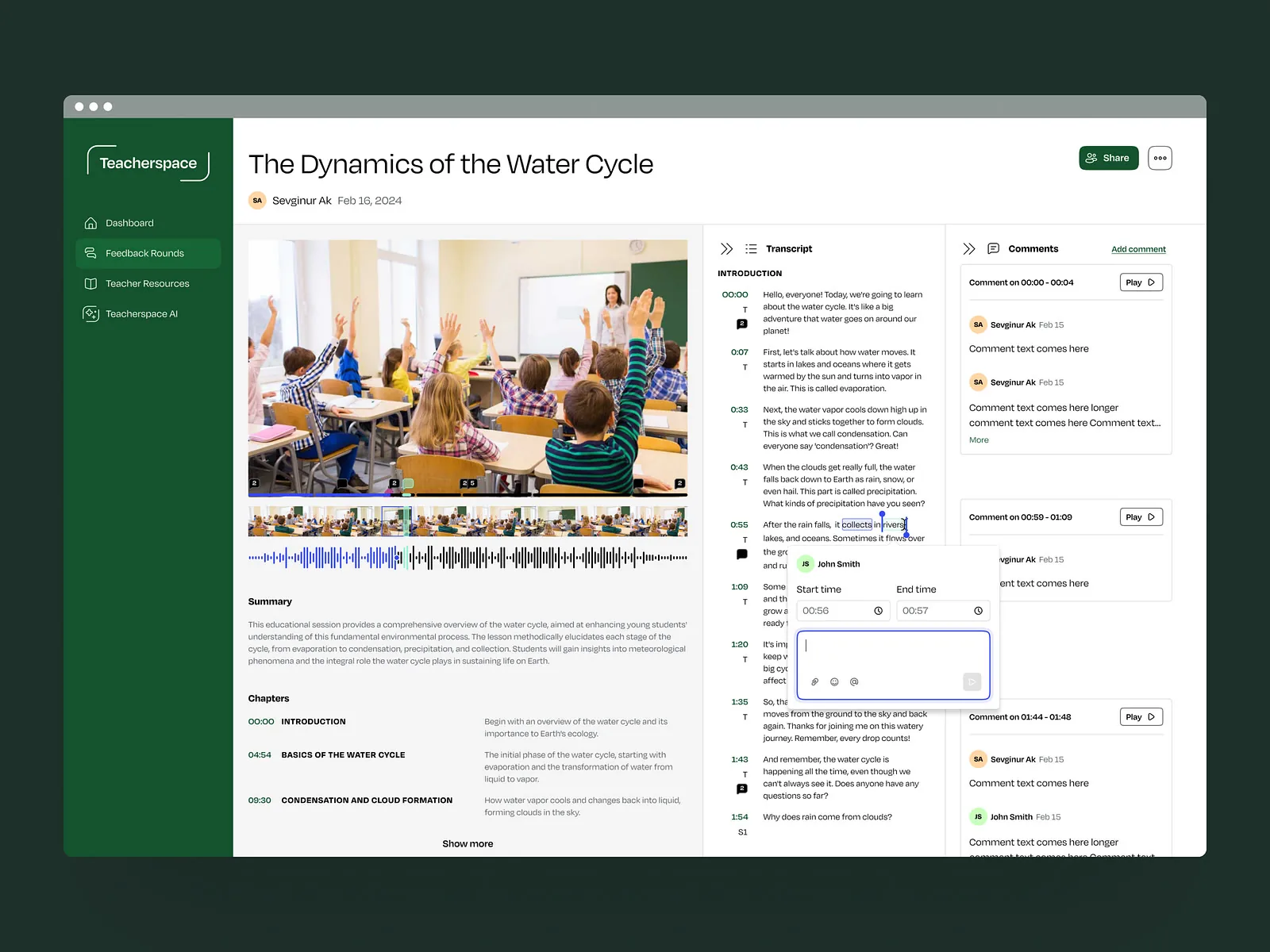 Teacherspace lesson page with a time-stamped comment box open on the transcript