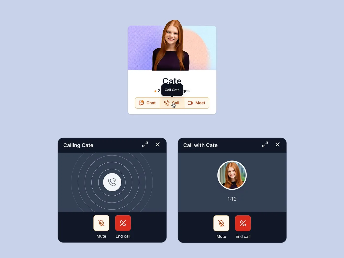 Call screens for calling and talking to the AI coach, with mute and end-call controls
