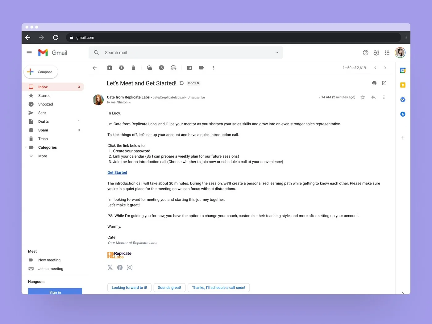 Welcome email from AI coach Cate, inviting a new user to set up their account and book an intro call