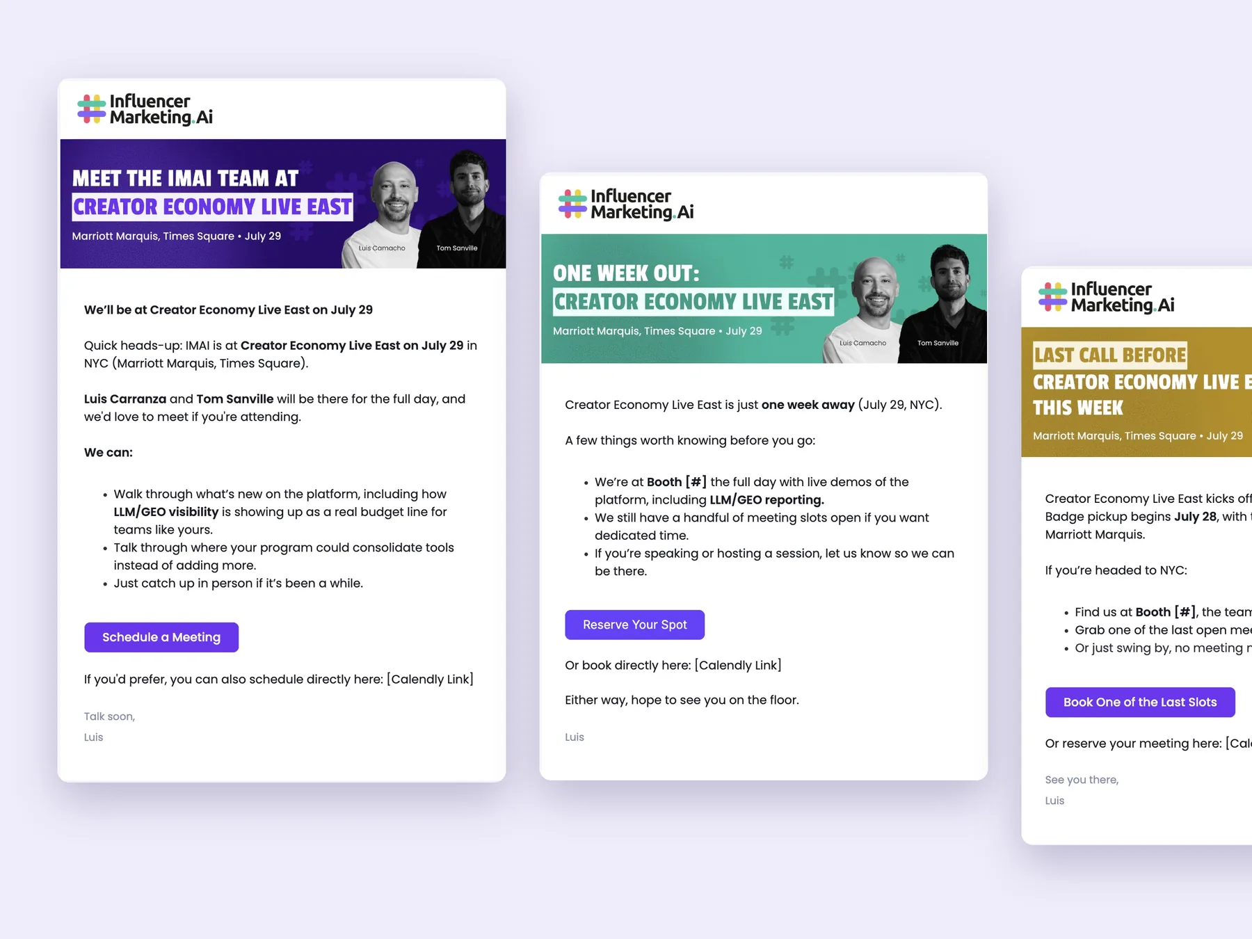 Three Influencer Marketing AI emails for Creator Economy Live East: an invite, a one-week reminder and a last call