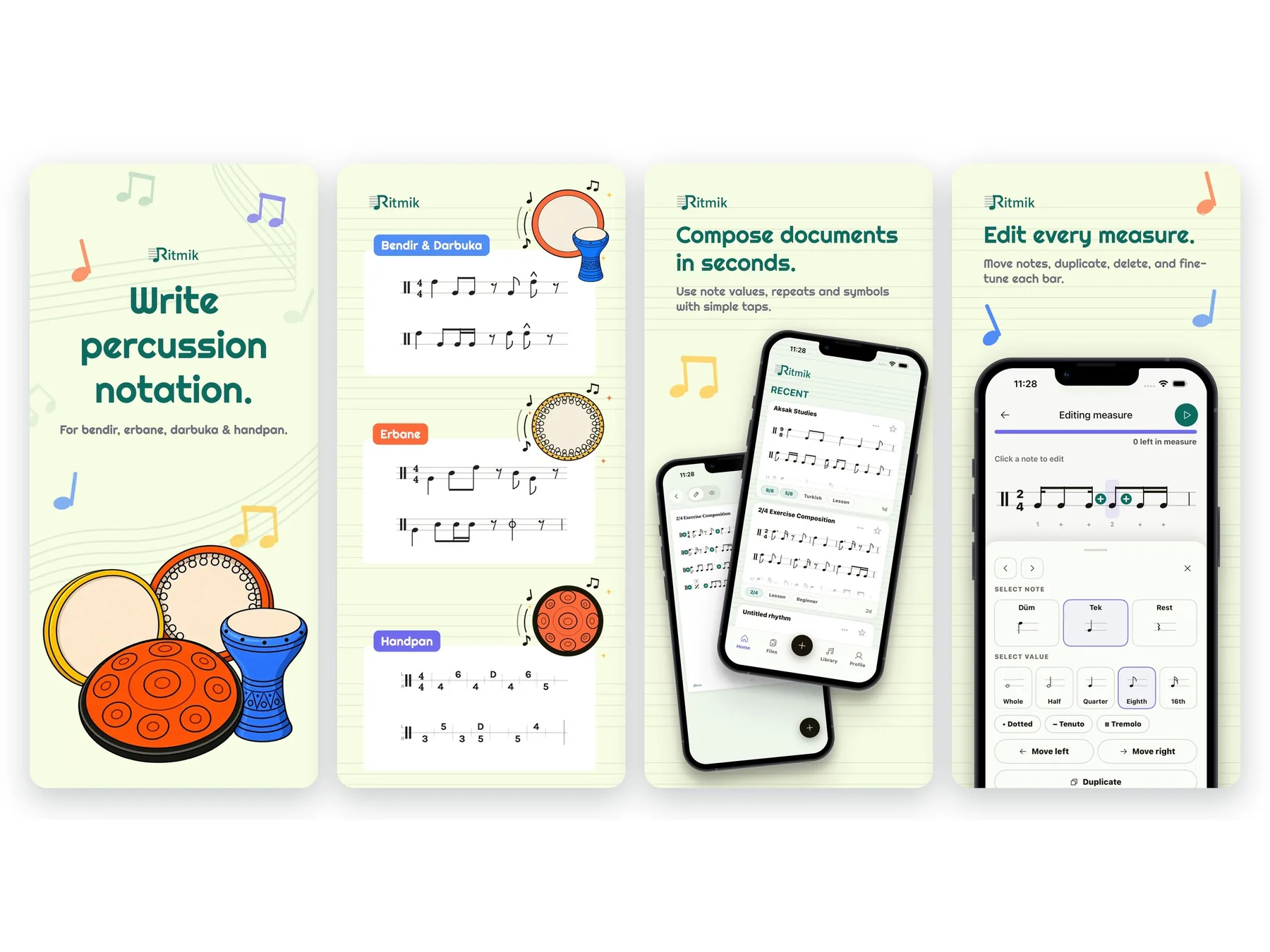 Four Ritmik store screenshots: write percussion notation, instruments, compose documents, edit every measure