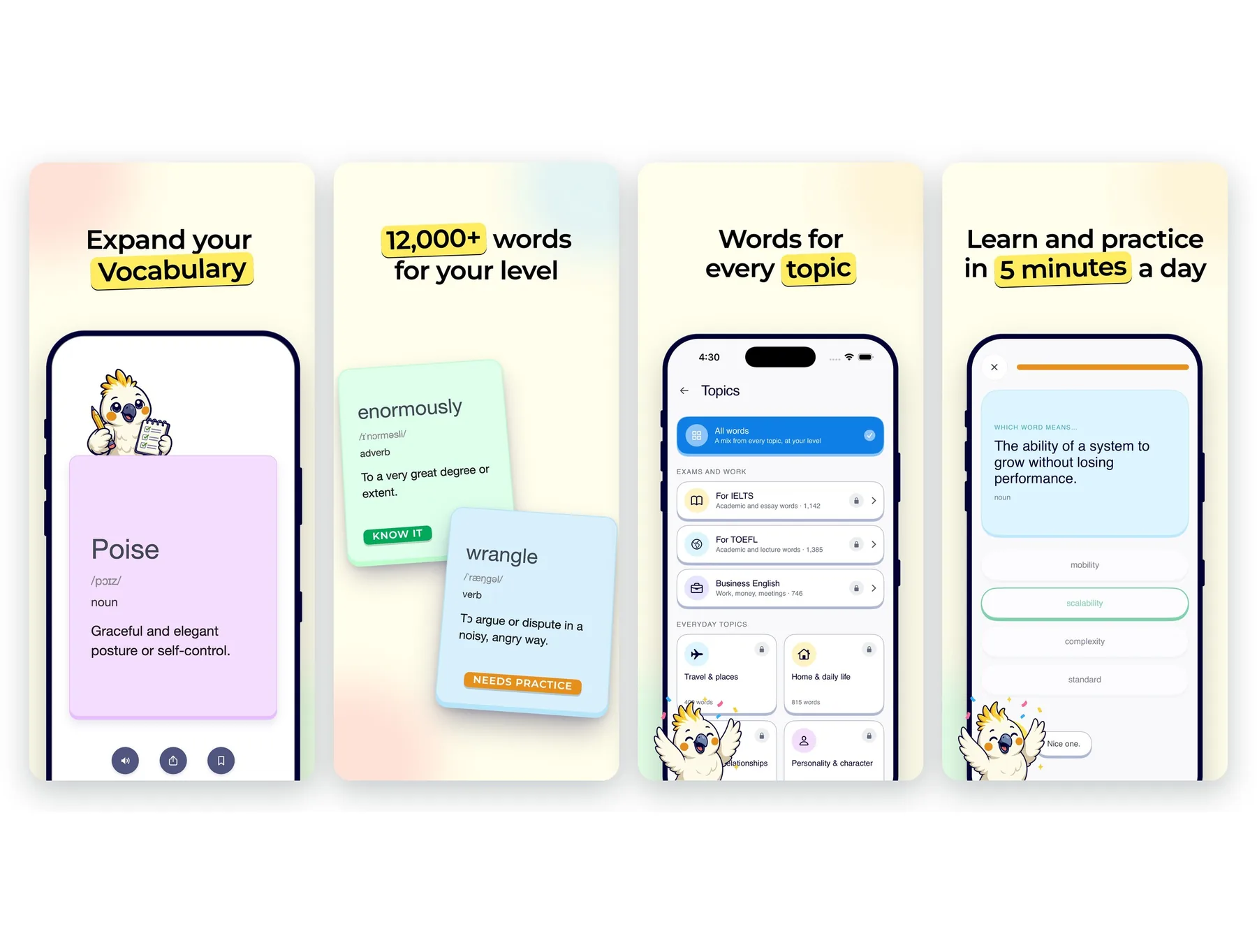 Four Voca store screenshots: expand your vocabulary, 12,000+ words for your level, words for every topic, learn in 5 minutes a day