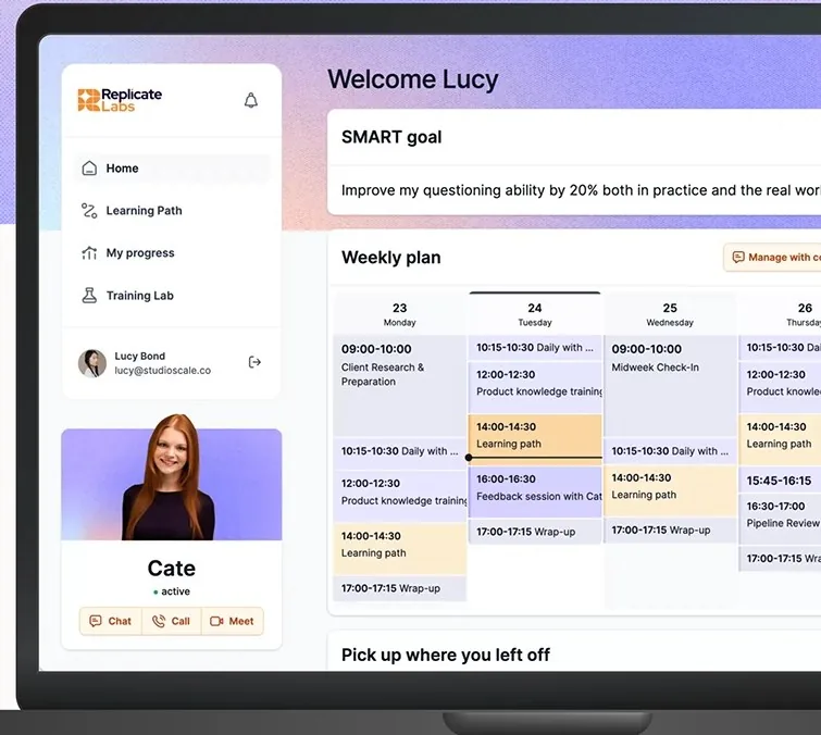 Replicate Labs home dashboard with a SMART goal, weekly plan and the AI coach