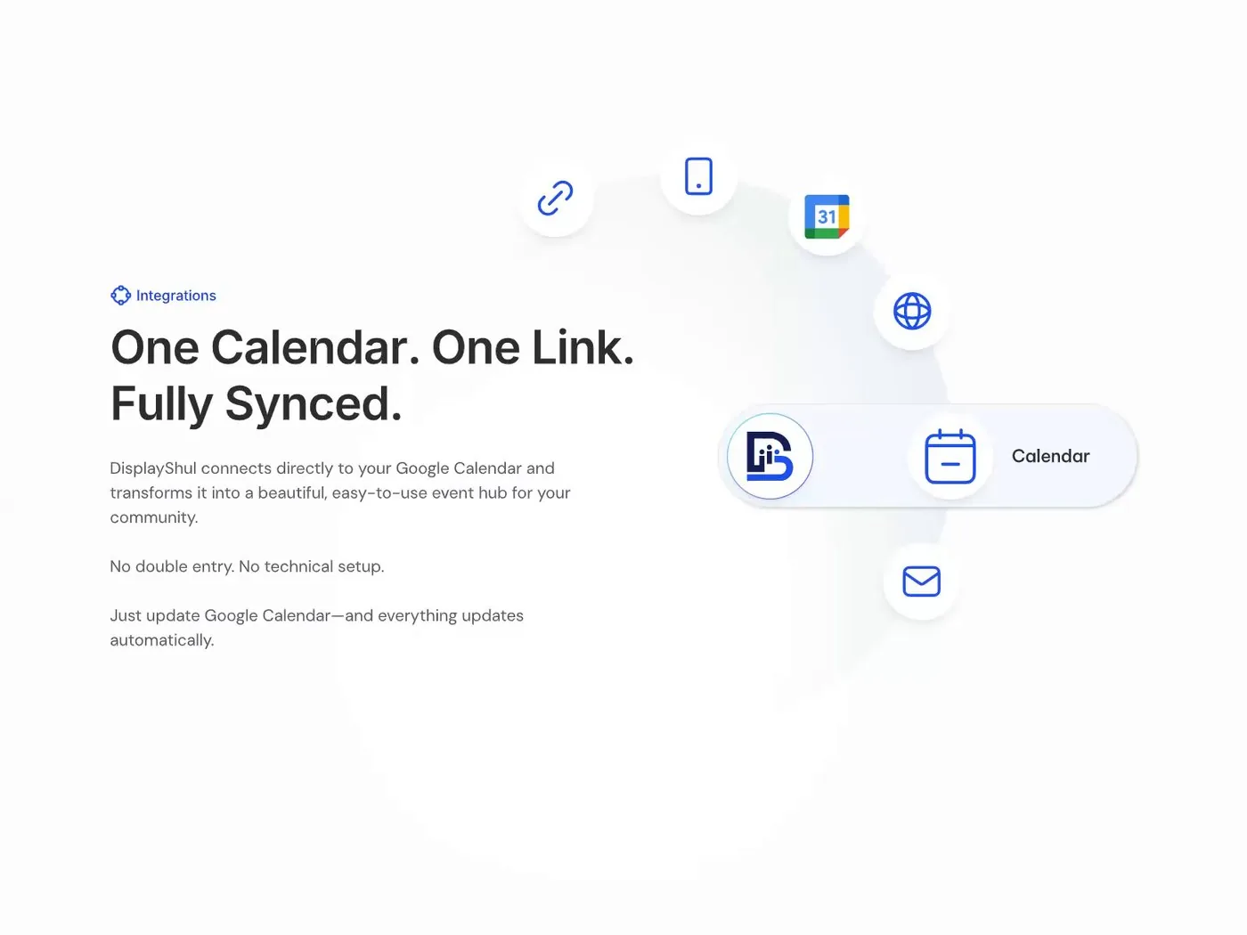 Landing section: One Calendar. One Link. Fully Synced.