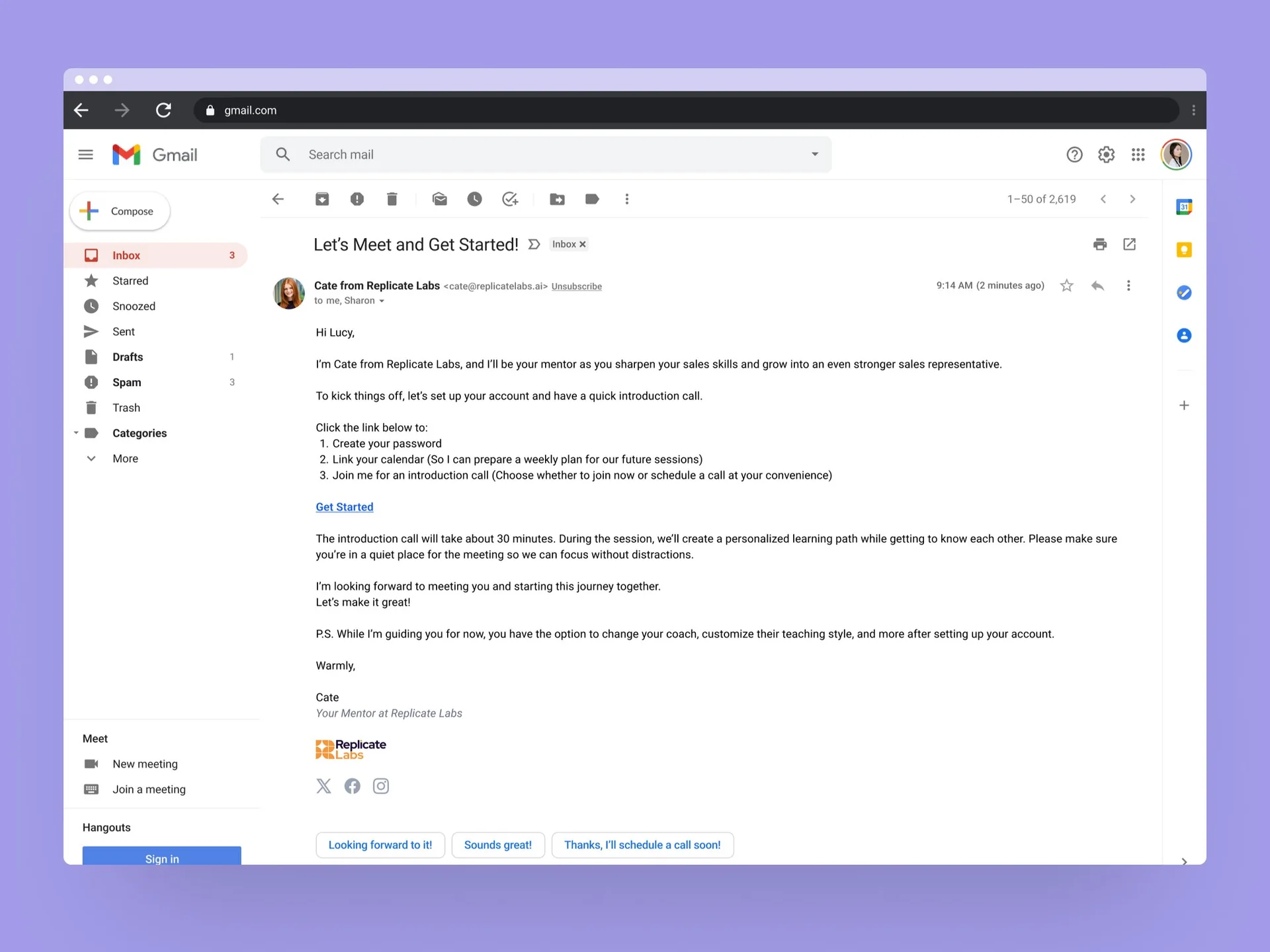 Welcome email from AI coach Cate, inviting a new user to set up their account and book an intro call