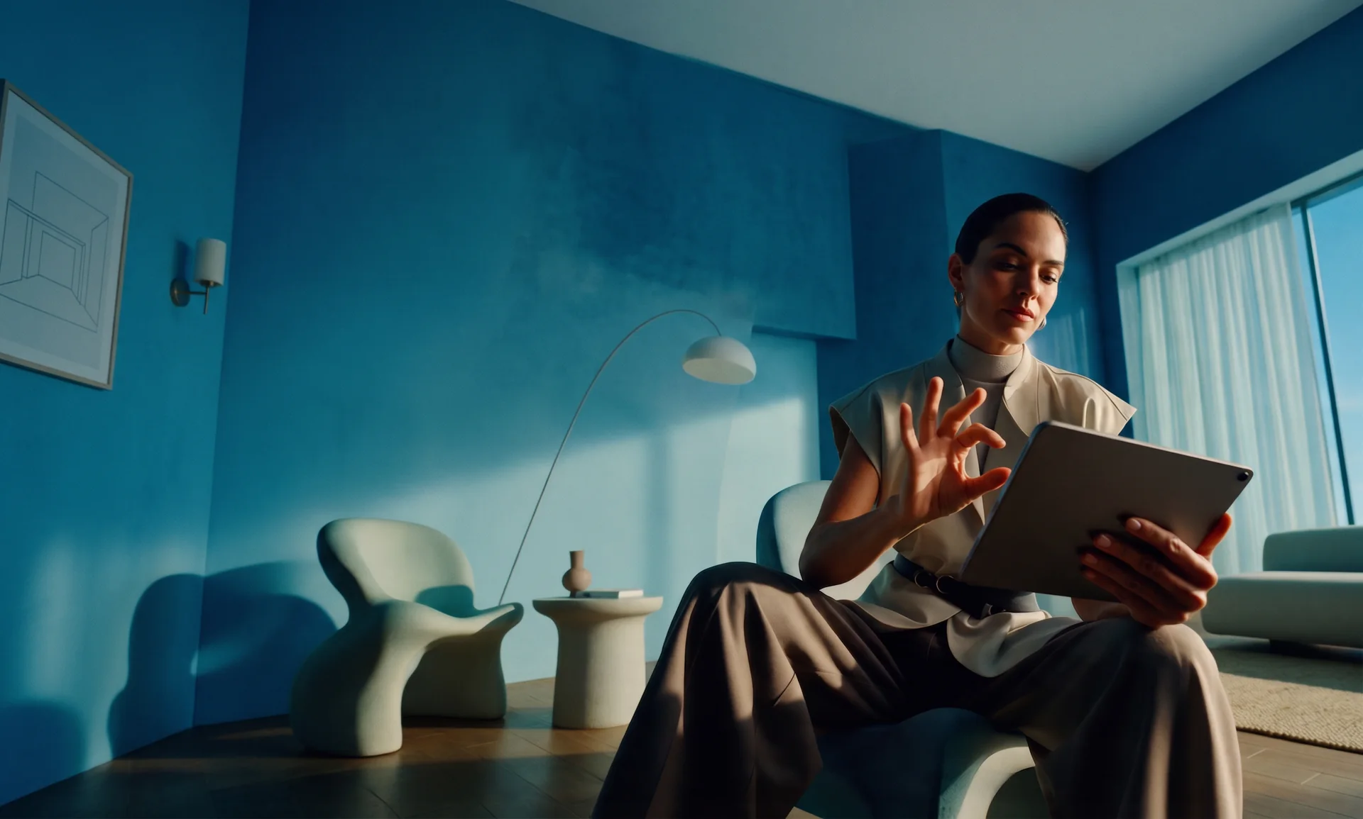 Woman in a blue room using a tablet