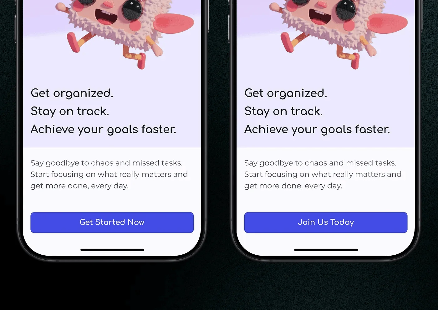 Two onboarding screens testing “Get Started Now” against “Join Us Today”