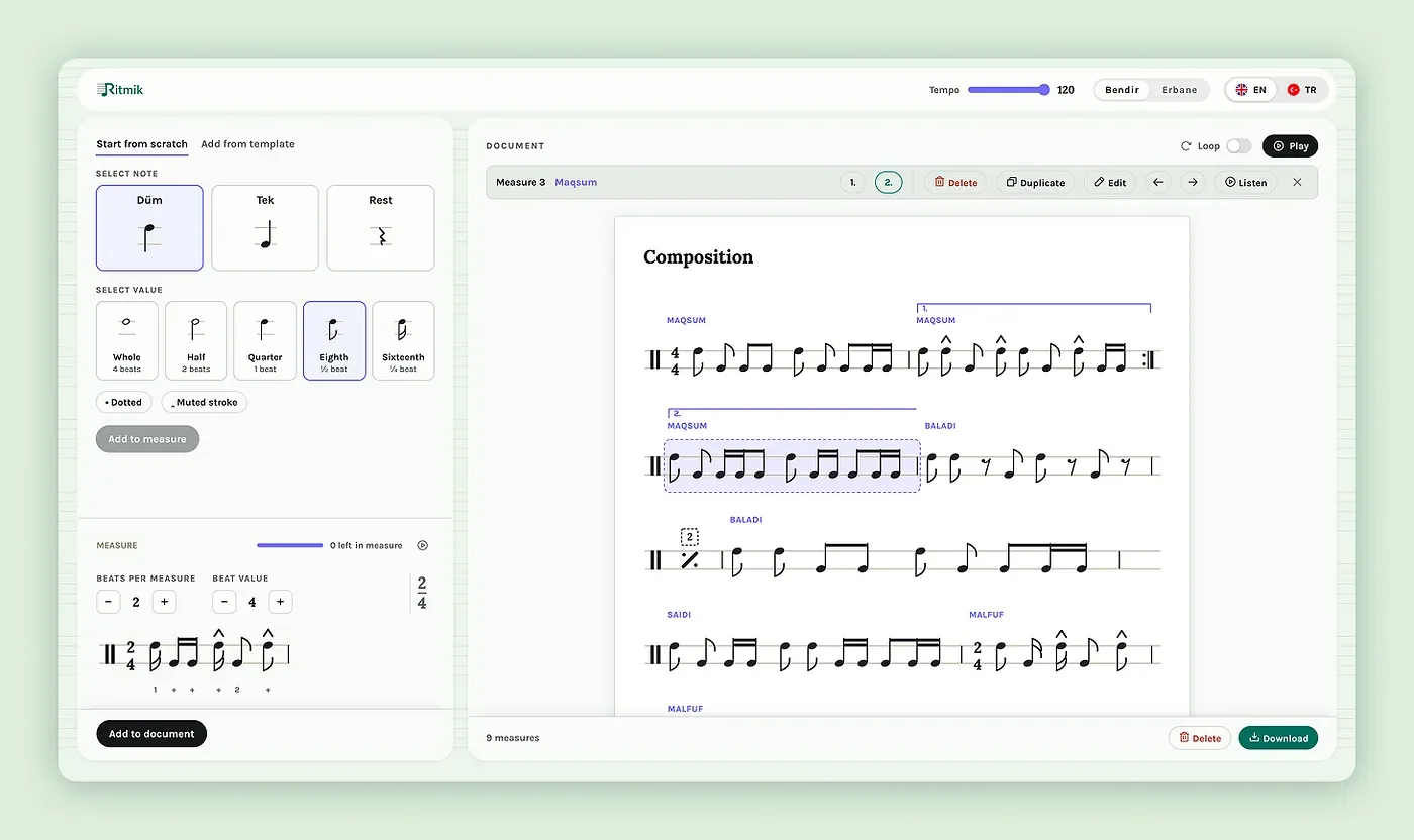 Music notation web app screens