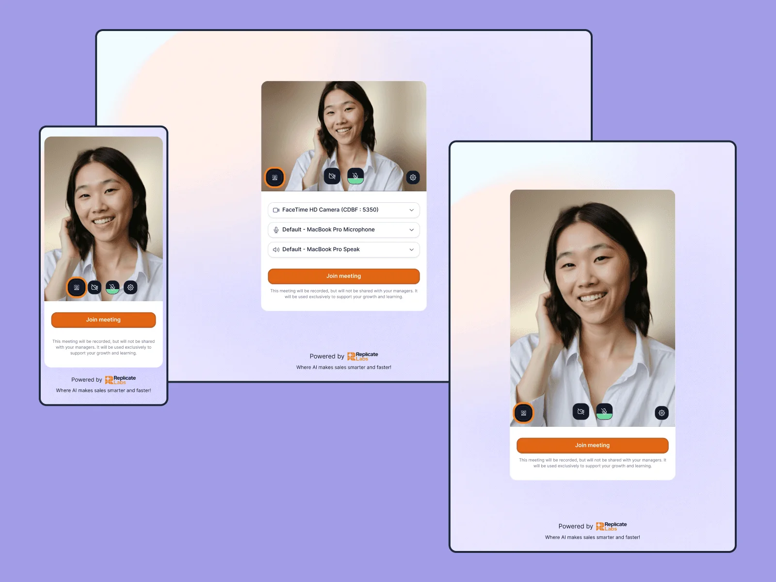 Join-meeting screens for a video call with the coach, on desktop, tablet and mobile