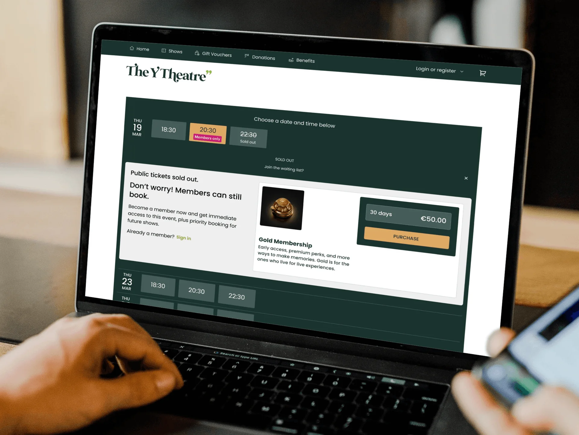 Theatre and museum event discovery and ticket-purchasing screens
