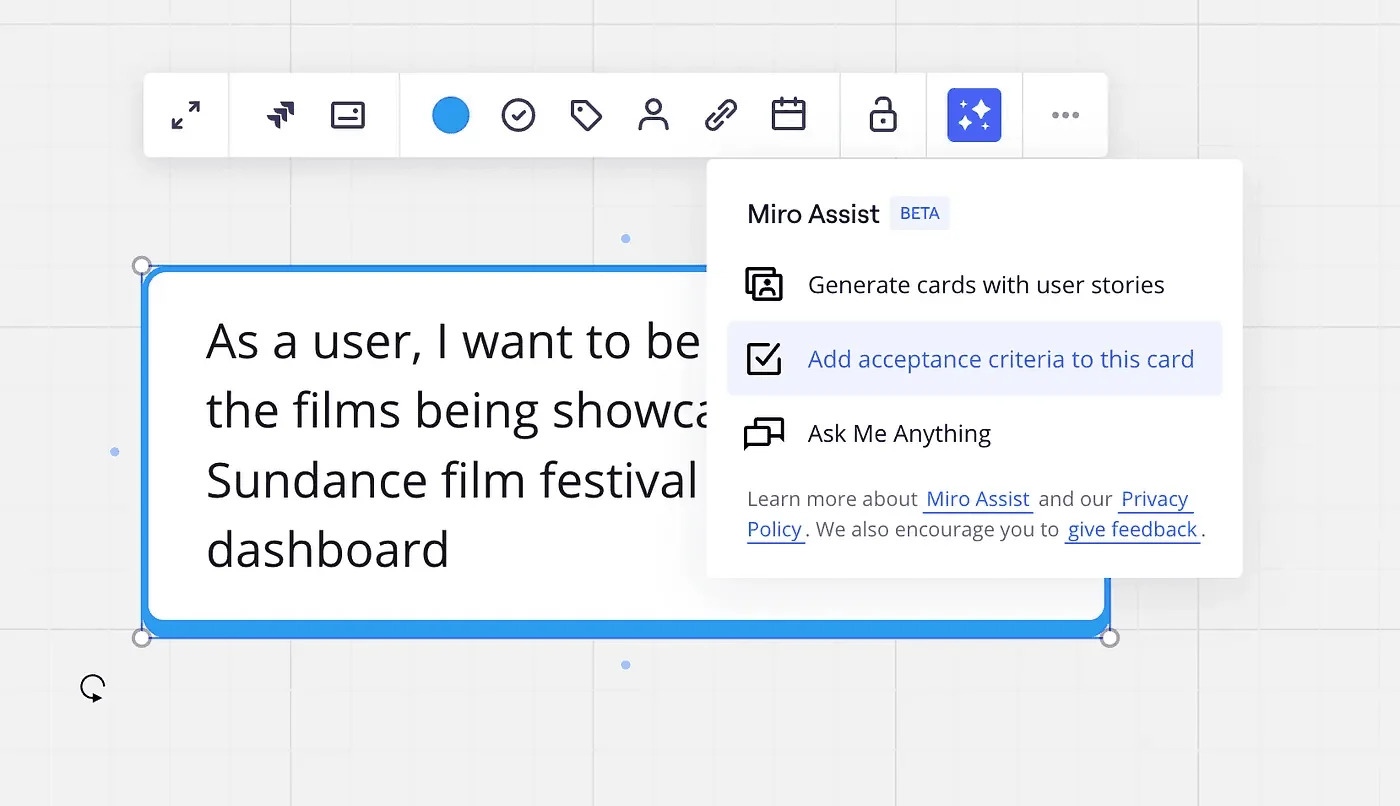 Miro Assist menu generating user story cards