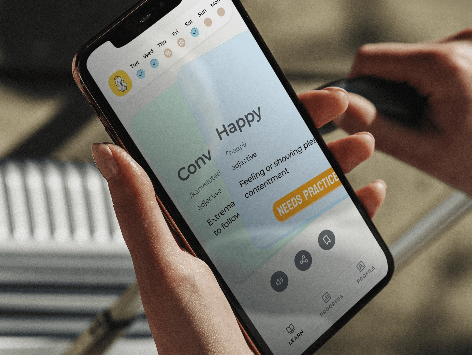 Mobile vocabulary-learning app with daily practice activities