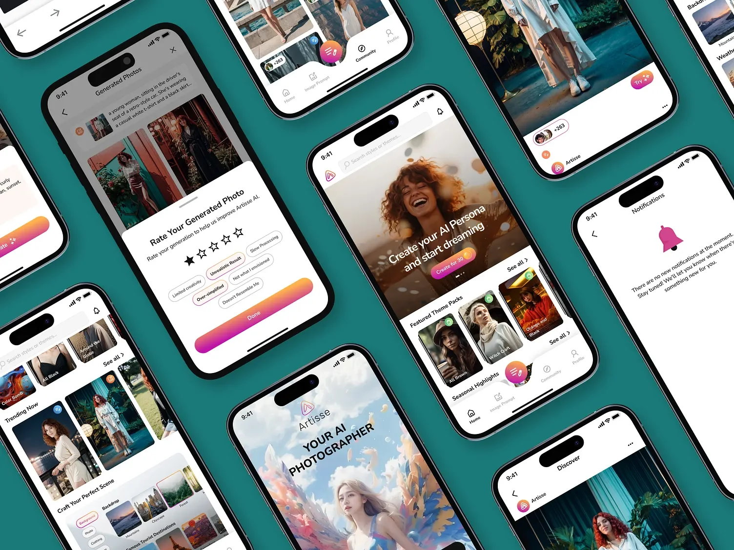 Overview of Artisse screens: photo rating, notifications, home and theme packs