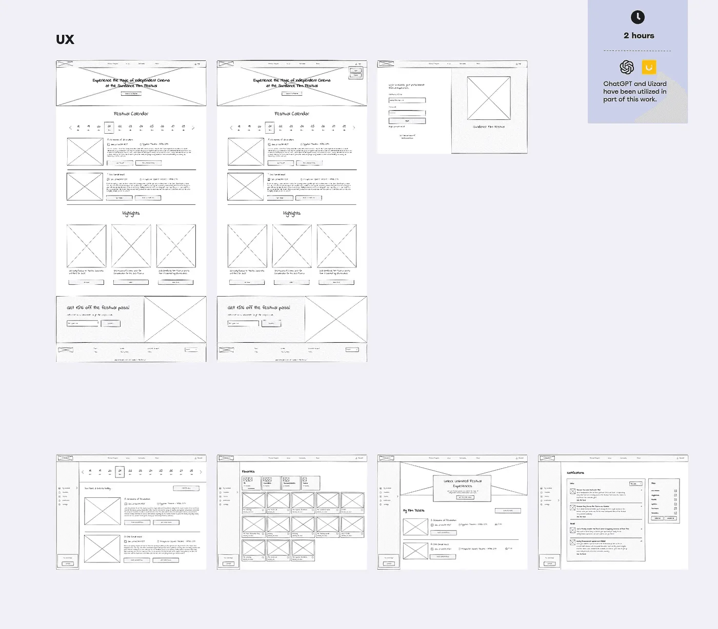 Wireframes for the festival platform drawn in Uizard