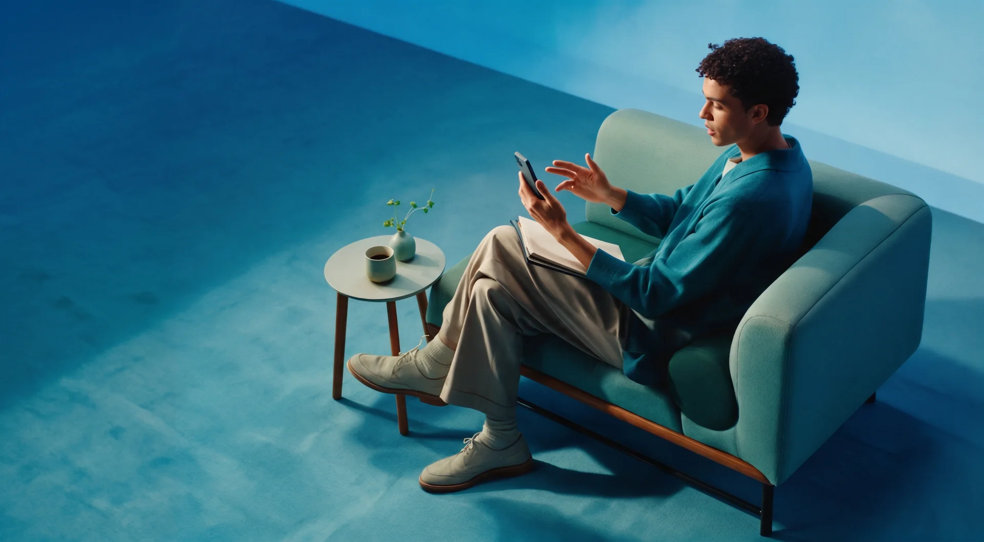 Man on a sofa using his phone in a blue room