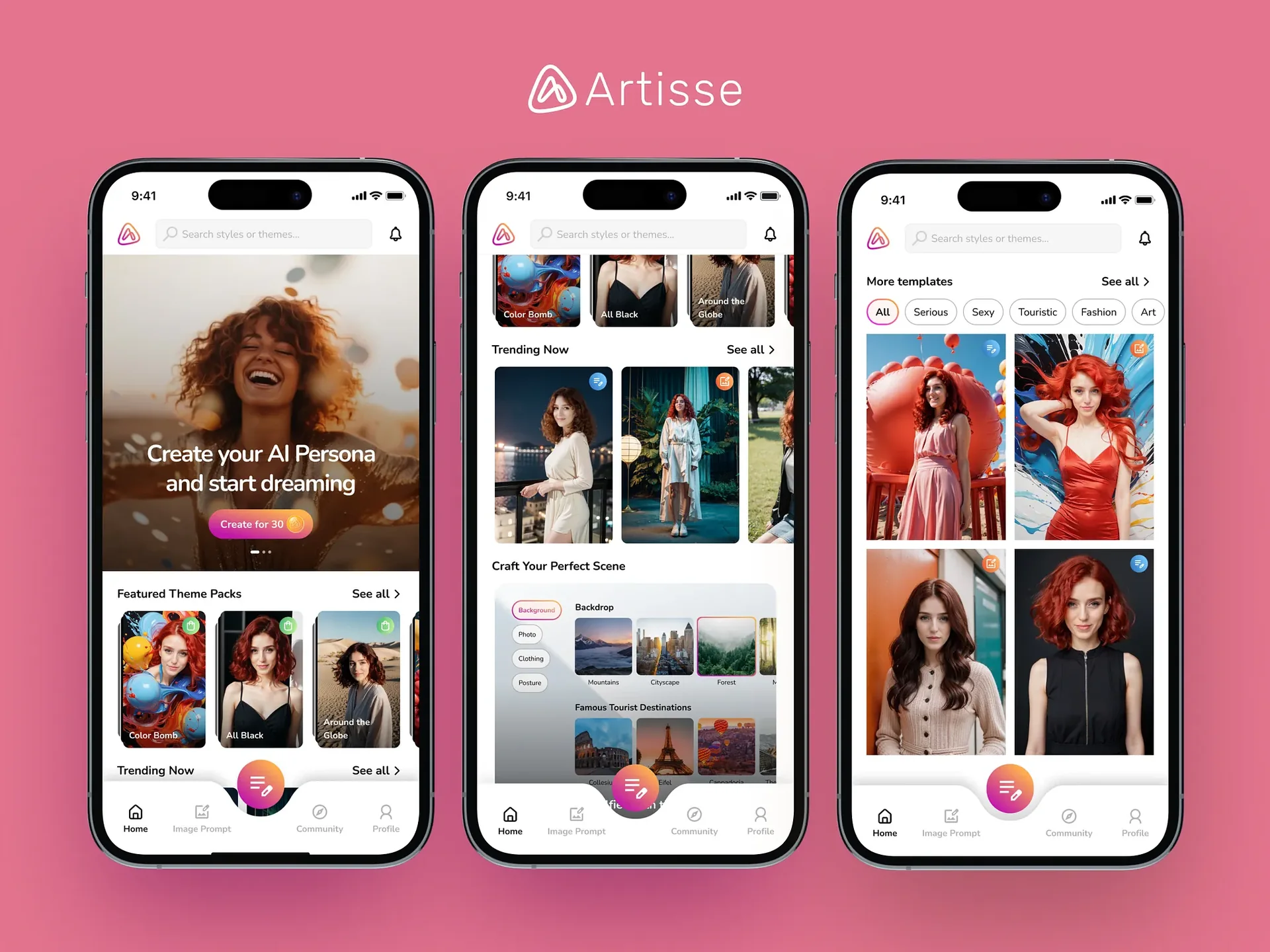 Artisse home screens with “Create your AI Persona”, featured theme packs and trending styles