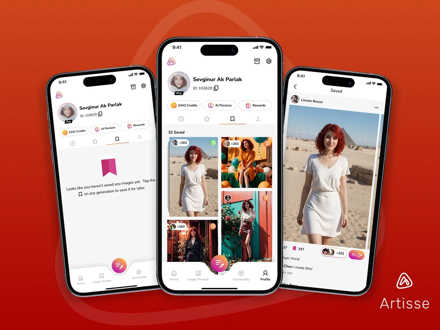 Profile screens with credits, AI persona, rewards and saved photos