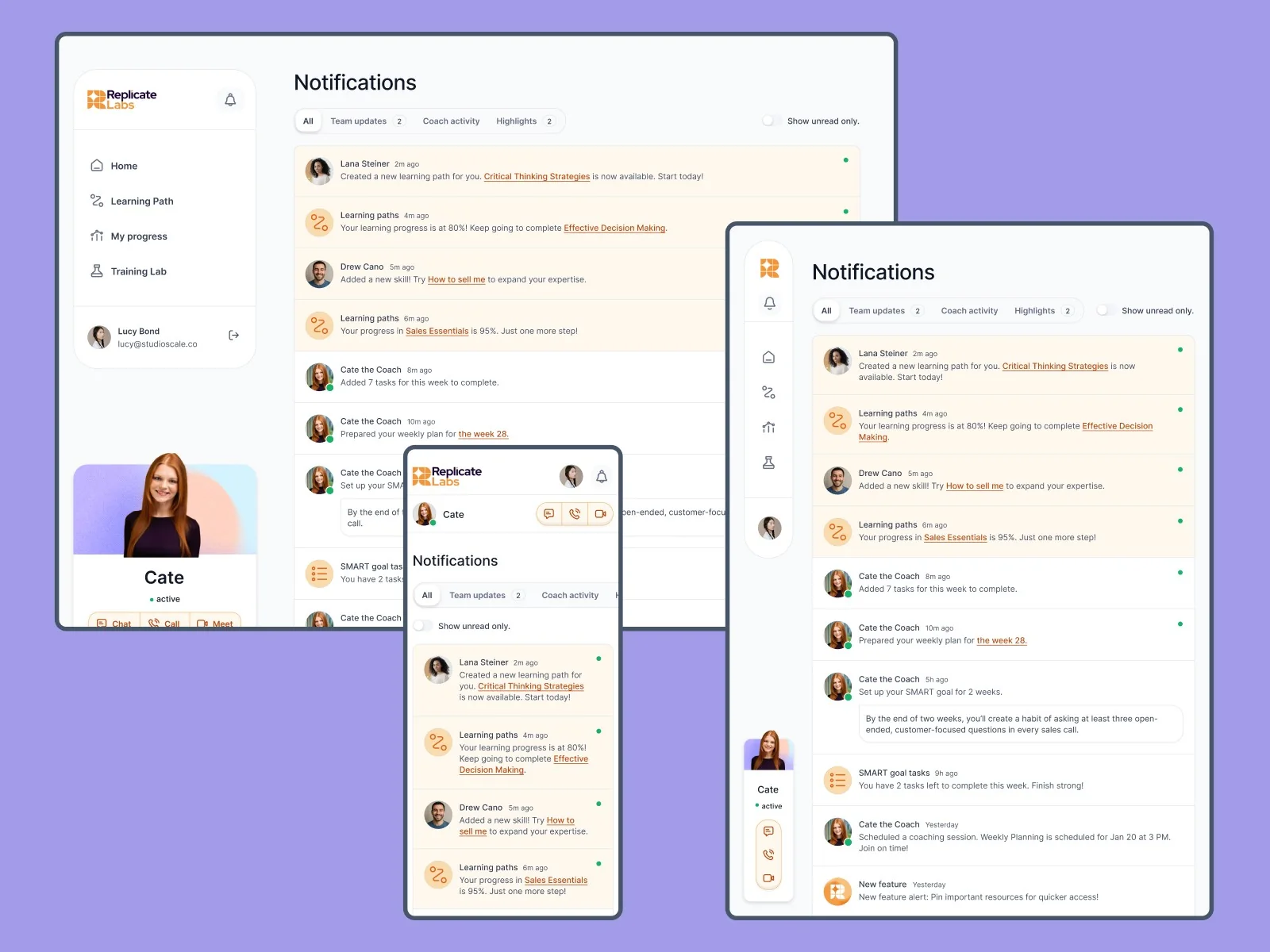Notifications page with coach updates and learning progress, on desktop and mobile