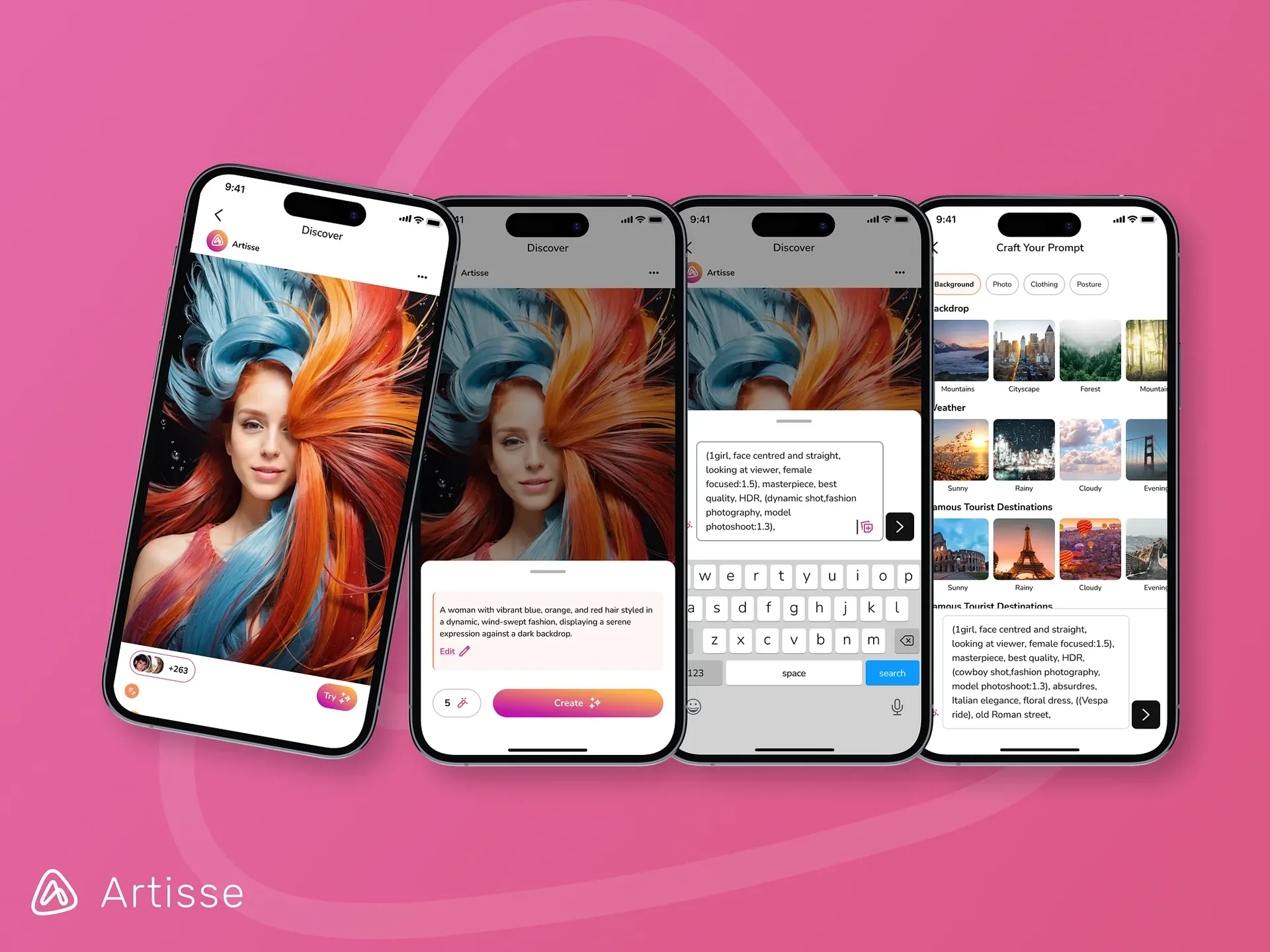 Artisse discover screens: a generated portrait, its prompt, and the Craft Your Prompt editor