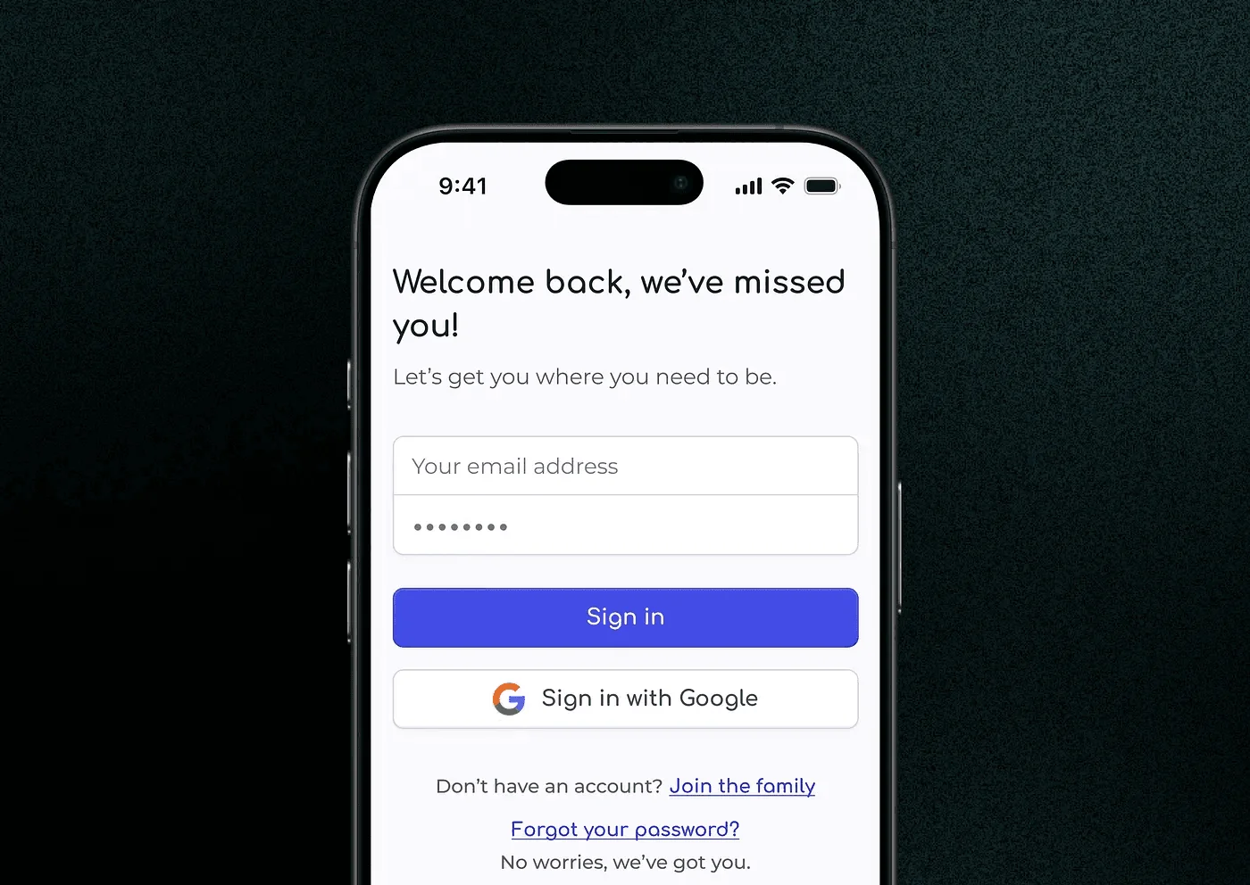 Sign-in screen with the copy “Welcome back, we’ve missed you!”